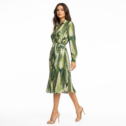 Women's Abstract-Print Belted Shirt Midi Dress