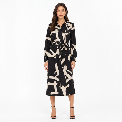 Women's Abstract-Print Belted Shirt Midi Dress