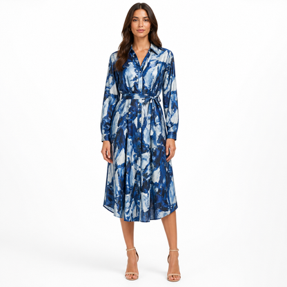 Women's Abstract-Print Belted Shirt Midi Dress