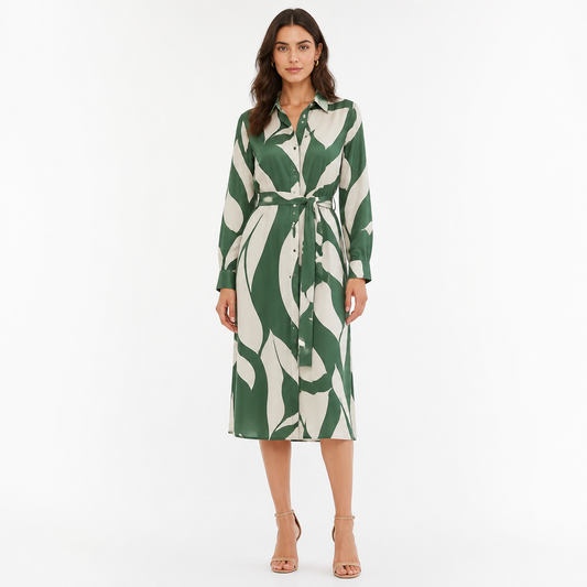 Women's Abstract-Print Belted Shirt Midi Dress