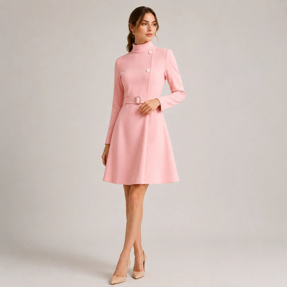 Women's Belted Mini Dress with High Neck and Long Sleeves