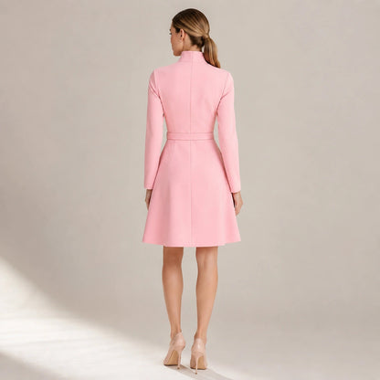 Women's Belted Mini Dress with High Neck and Long Sleeves