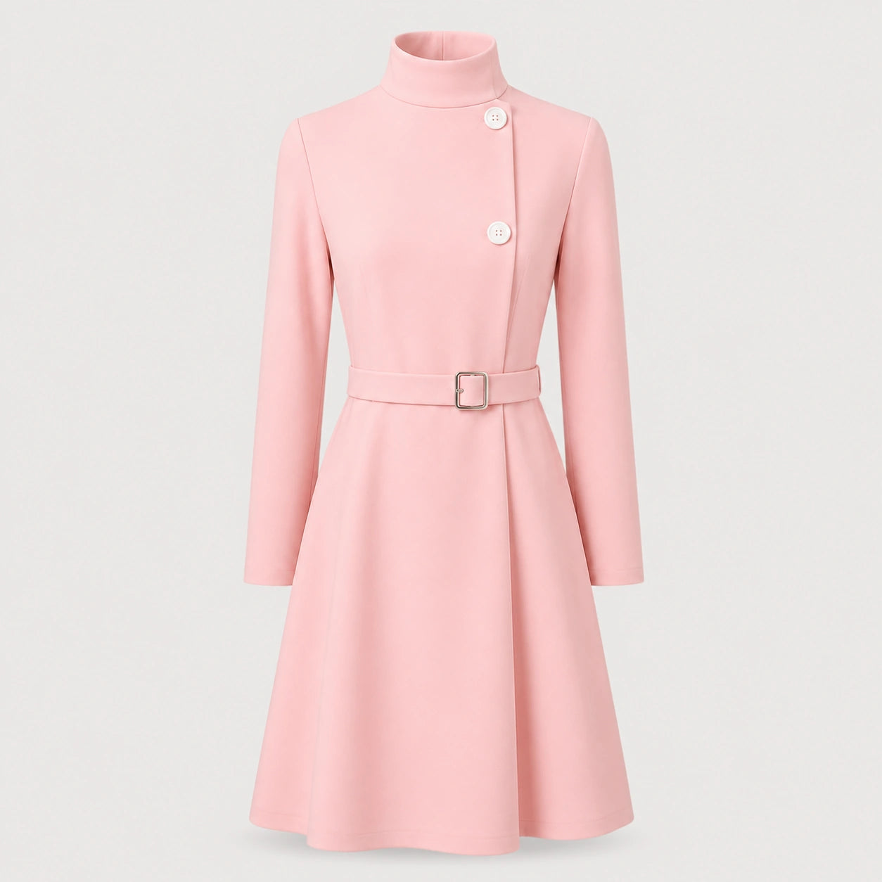 Women's Belted Mini Dress with High Neck and Long Sleeves