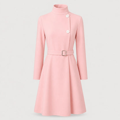 Women's Belted Mini Dress with High Neck and Long Sleeves