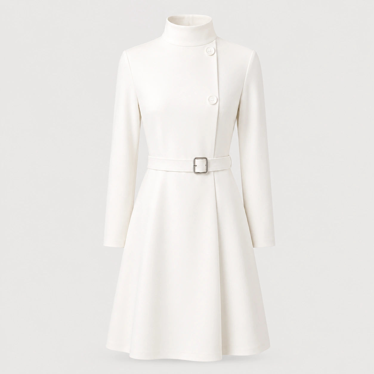 Women's Belted Mini Dress with High Neck and Long Sleeves