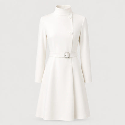 Women's Belted Mini Dress with High Neck and Long Sleeves