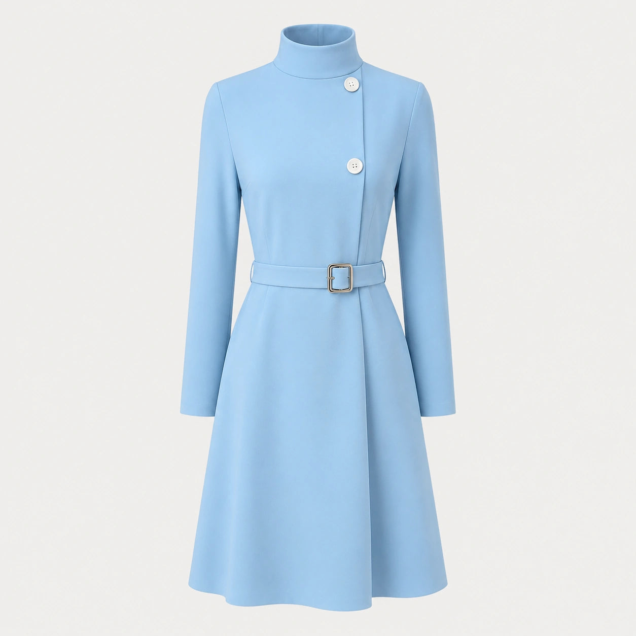 Women's Belted Mini Dress with High Neck and Long Sleeves