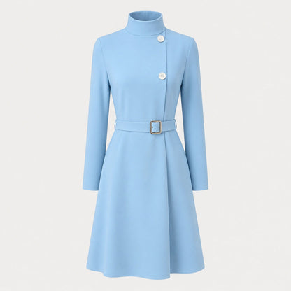 Women's Belted Mini Dress with High Neck and Long Sleeves
