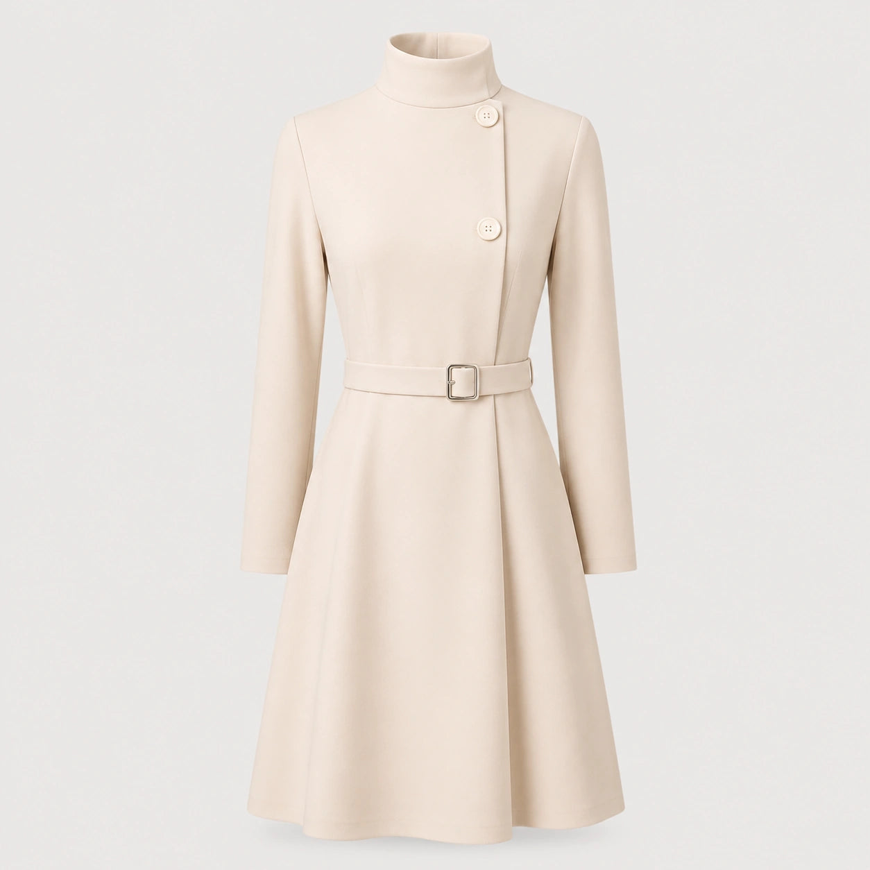 Women's Belted Mini Dress with High Neck and Long Sleeves