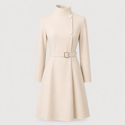 Women's Belted Mini Dress with High Neck and Long Sleeves