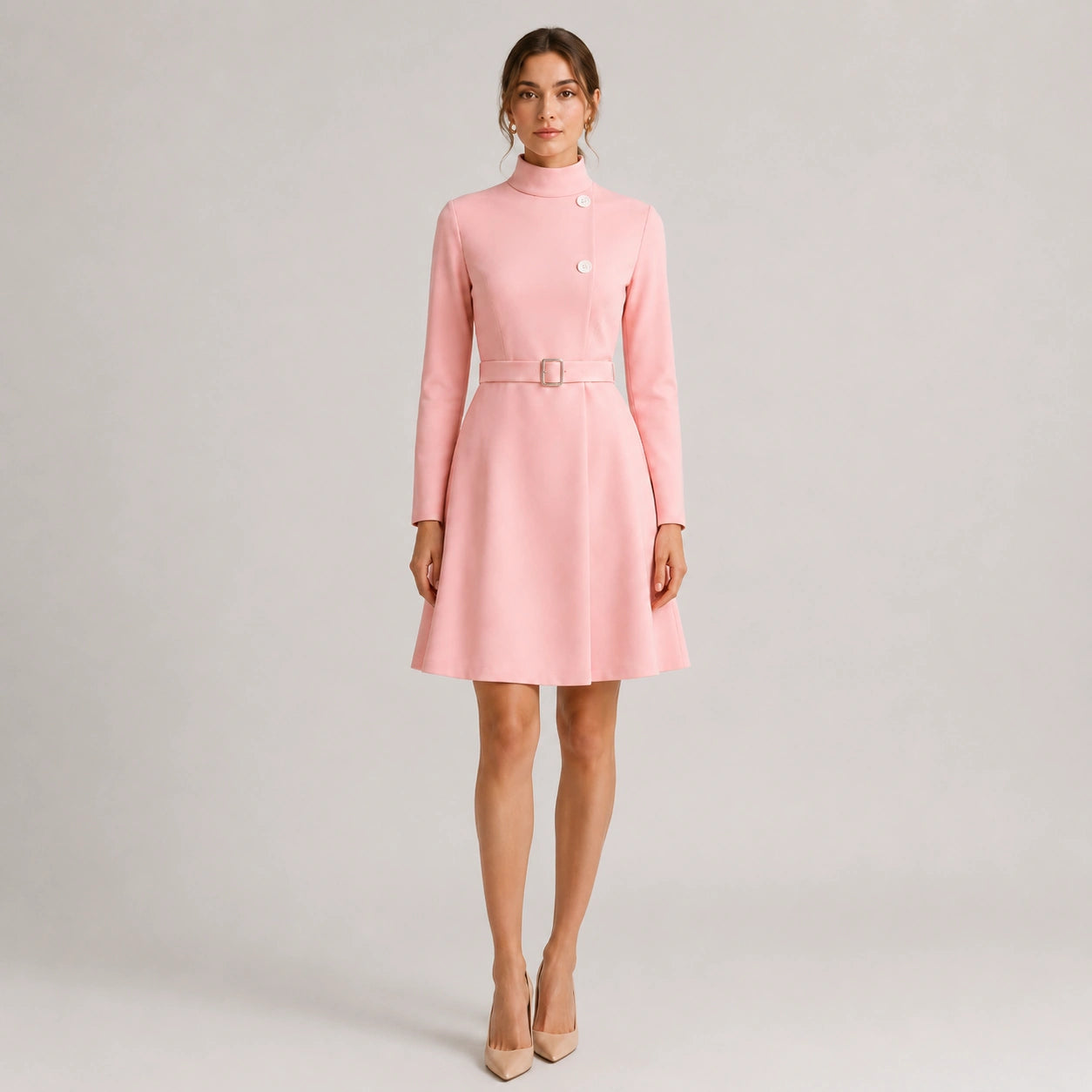 Women's Belted Mini Dress with High Neck and Long Sleeves