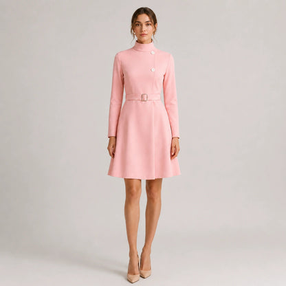 Women's Belted Mini Dress with High Neck and Long Sleeves