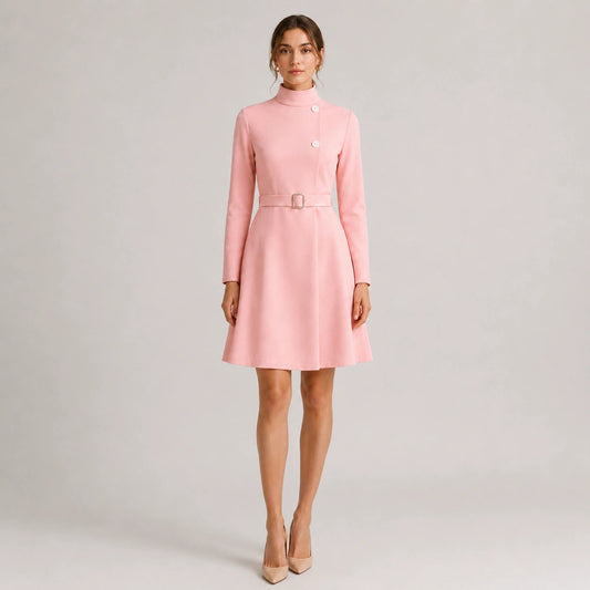 Women's Belted Mini Dress with High Neck and Long Sleeves