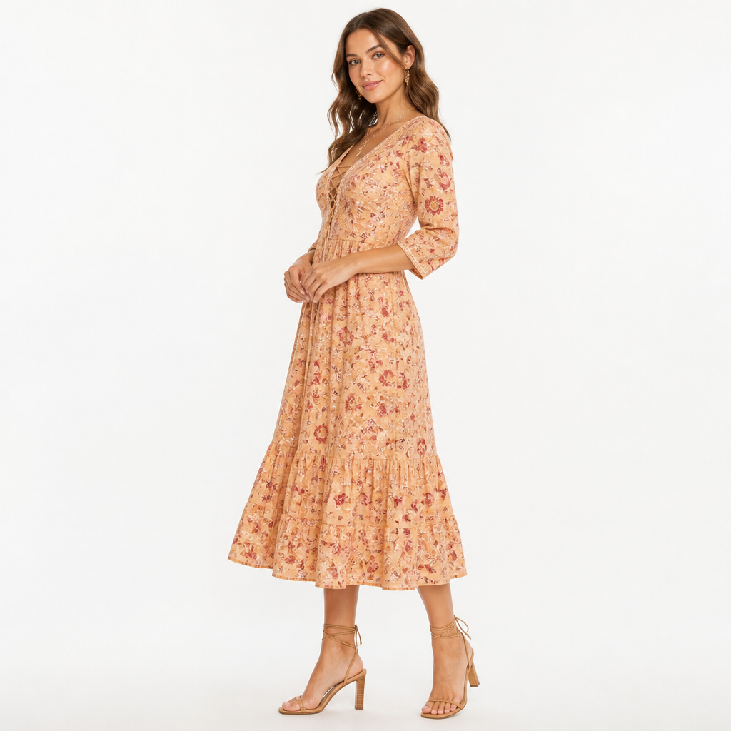Women's Bohemian Floral A-Line Midi Dress