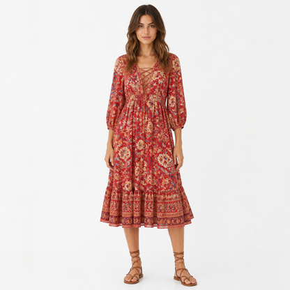 Women's Bohemian Floral A-Line Midi Dress