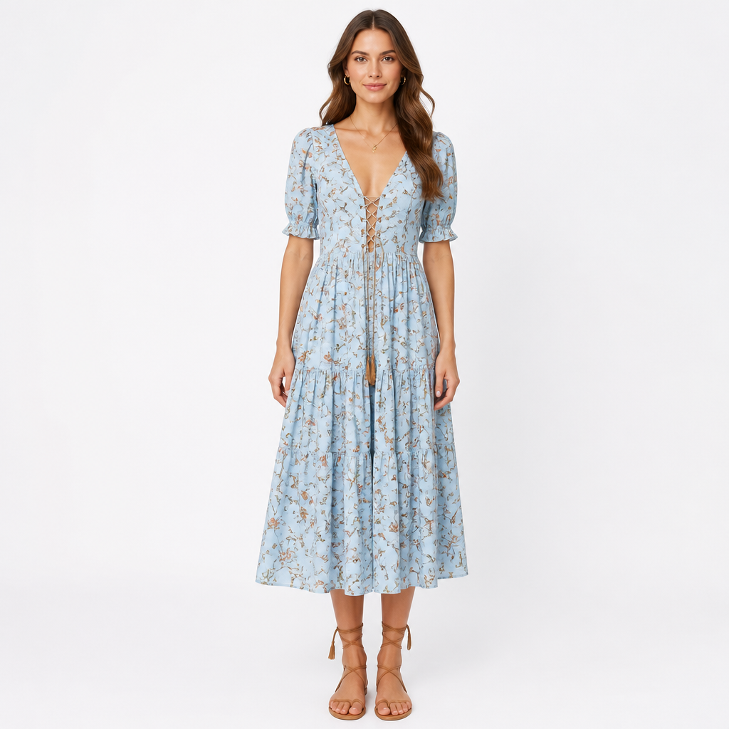 Women's Bohemian Floral A-Line Midi Dress