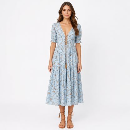Women's Bohemian Floral A-Line Midi Dress