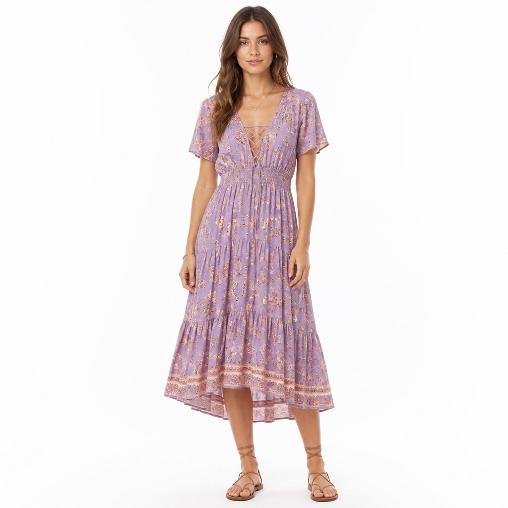 Women's Bohemian Floral A-Line Midi Dress