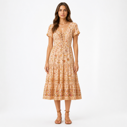 Women's Bohemian Floral A-Line Midi Dress