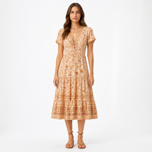 Women's Bohemian Floral A-Line Midi Dress