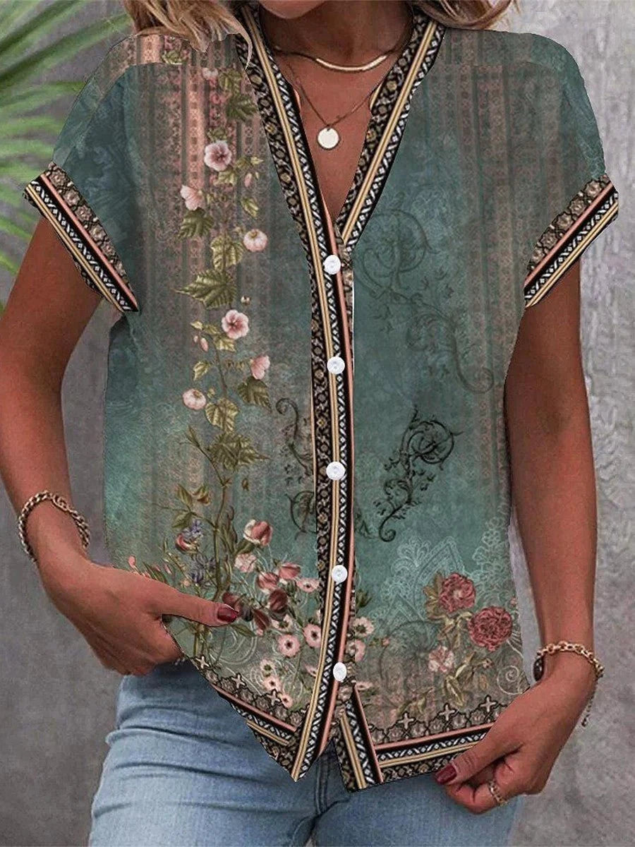 Women's Boho Floral V-Neck Blouse