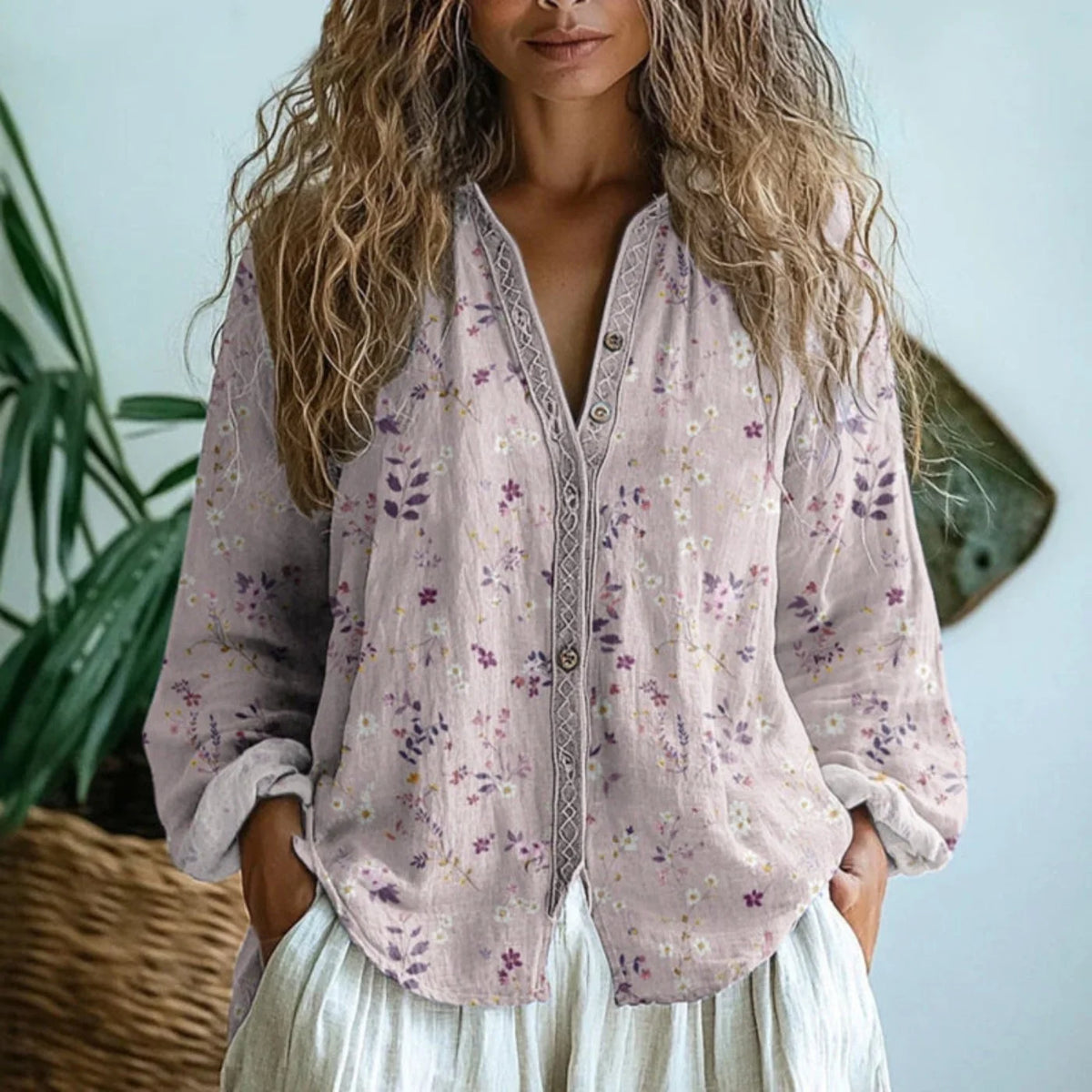 Women's Boho Linen V-Neck Blouse