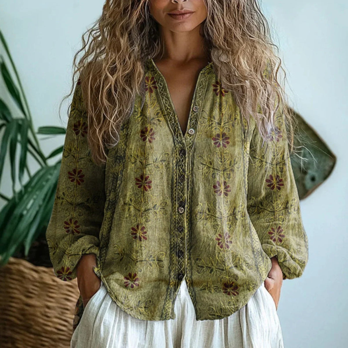 Women's Boho Linen V-Neck Blouse