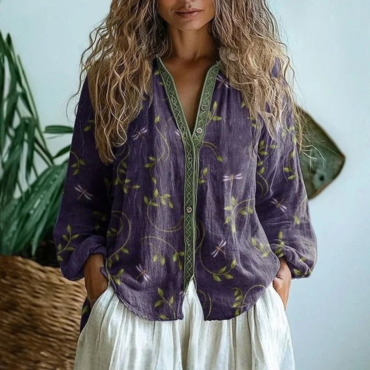 Women's Boho Linen V-Neck Blouse