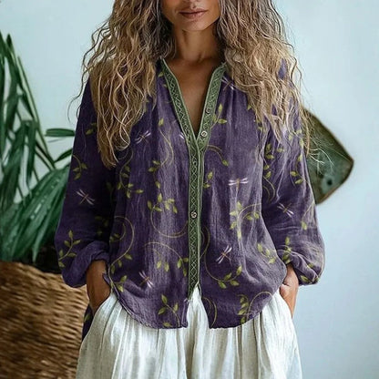 Women's Boho Linen V-Neck Blouse