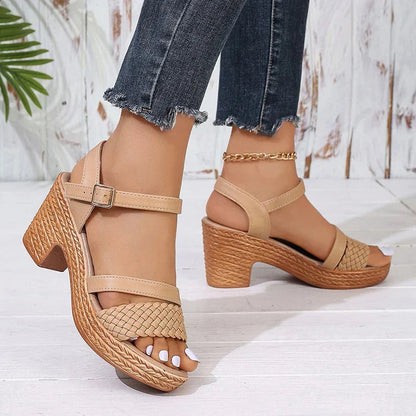 Women's Braided Strap Block Heel Sandals