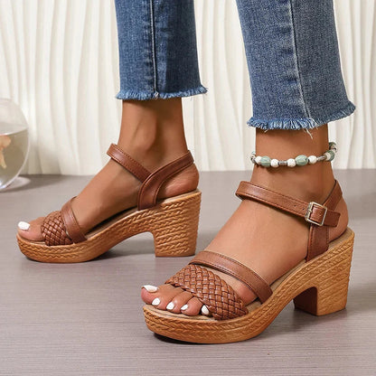 Women's Braided Strap Block Heel Sandals