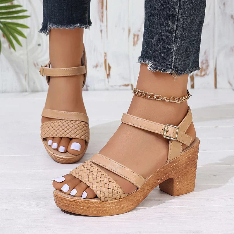 Women's Braided Strap Block Heel Sandals