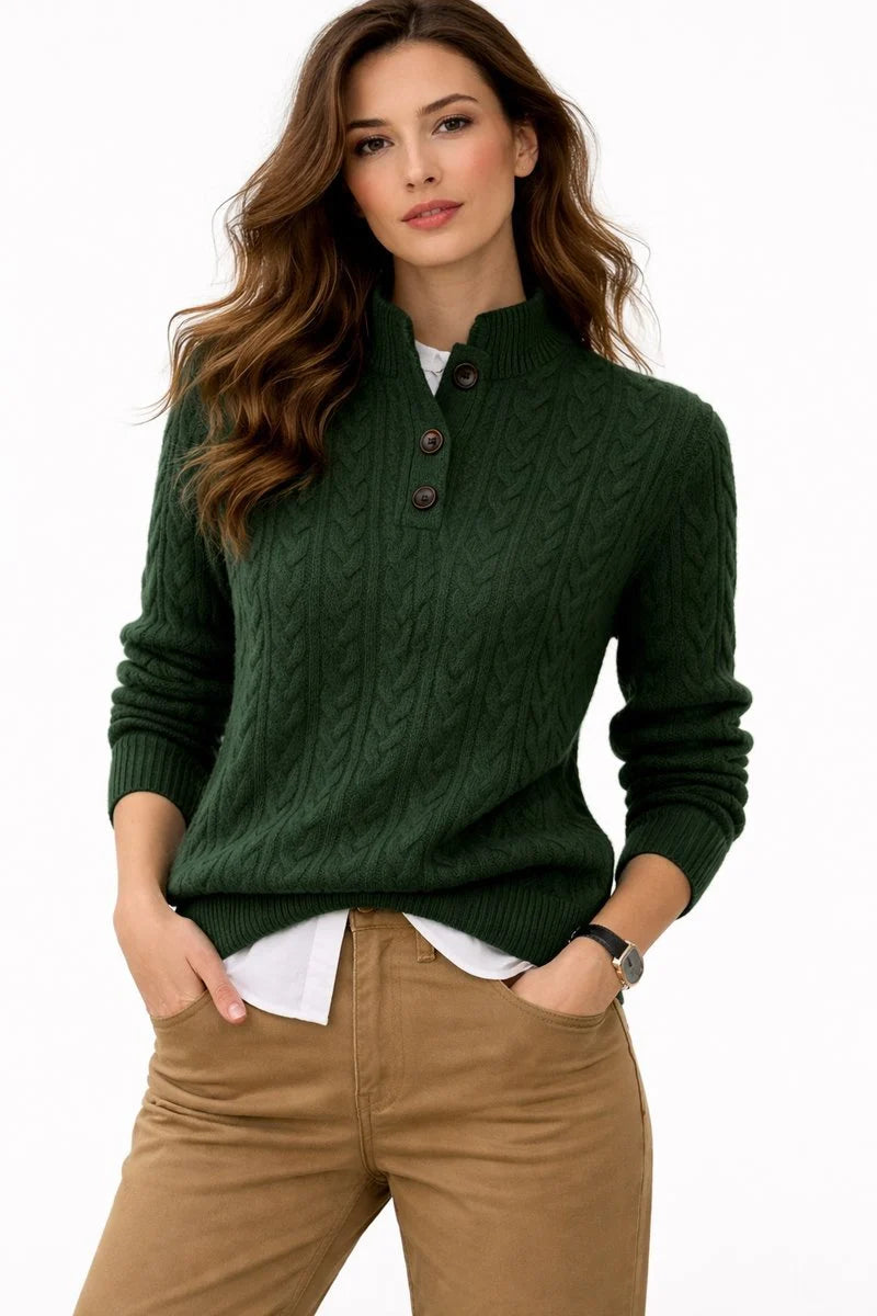 Women's Cable-Knit Turtleneck Sweater with Button Placket