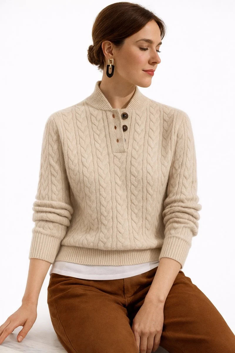 Women's Cable-Knit Turtleneck Sweater with Button Placket