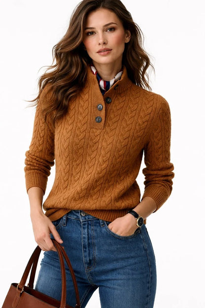 Women's Cable-Knit Turtleneck Sweater with Button Placket