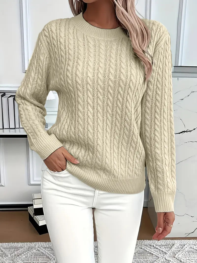 Women's Cable-Knit Wool Sweater Crew Neck Long Sleeve