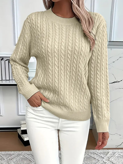 Women's Cable-Knit Wool Sweater Crew Neck Long Sleeve