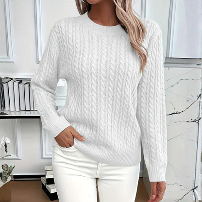 Women's Cable-Knit Wool Sweater Crew Neck Long Sleeve