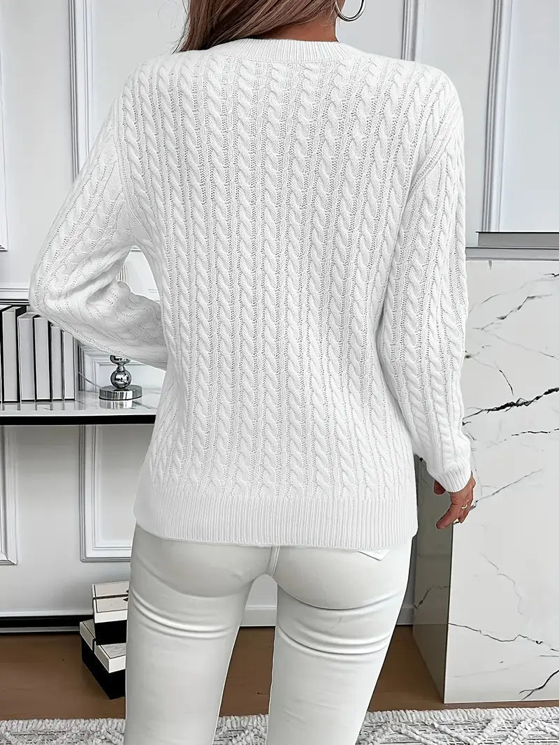 Women's Cable-Knit Wool Sweater Crew Neck Long Sleeve
