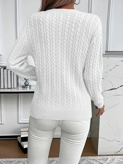 Women's Cable-Knit Wool Sweater Crew Neck Long Sleeve