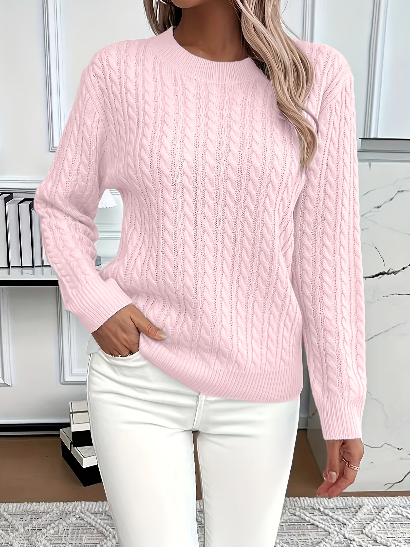 Women's Cable-Knit Wool Sweater Crew Neck Long Sleeve