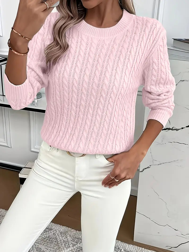 Women's Cable-Knit Wool Sweater Crew Neck Long Sleeve