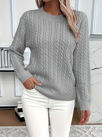 Women's Cable-Knit Wool Sweater Crew Neck Long Sleeve