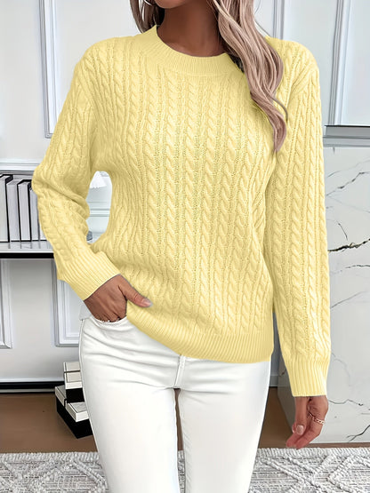 Women's Cable-Knit Wool Sweater Crew Neck Long Sleeve