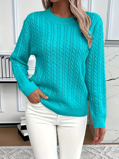 Women's Cable-Knit Wool Sweater Crew Neck Long Sleeve