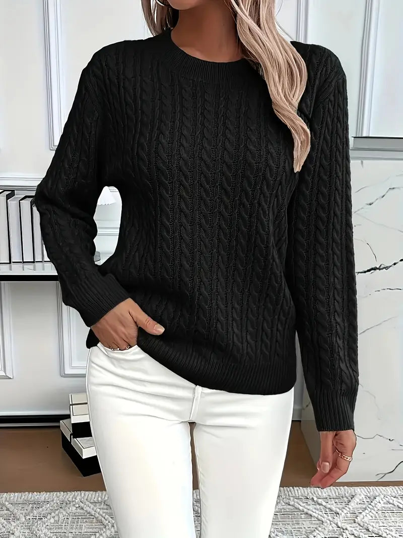 Women's Cable-Knit Wool Sweater Crew Neck Long Sleeve