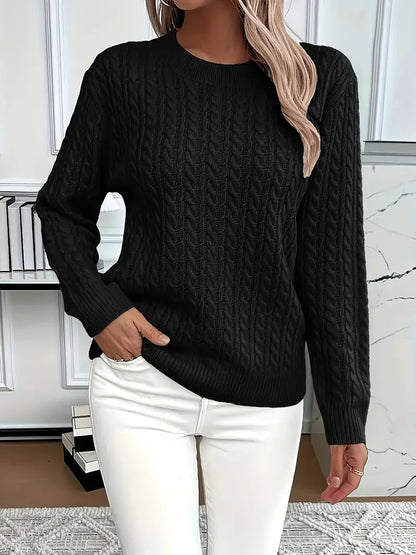 Women's Cable-Knit Wool Sweater Crew Neck Long Sleeve