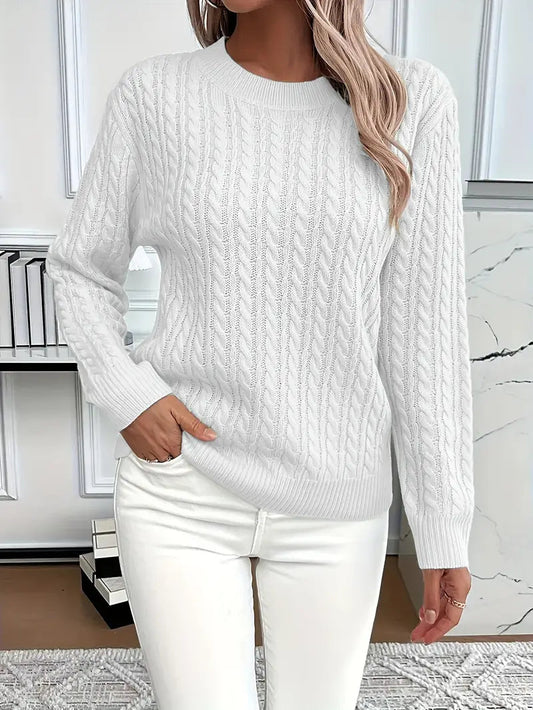 Women's Cable-Knit Wool Sweater Crew Neck Long Sleeve