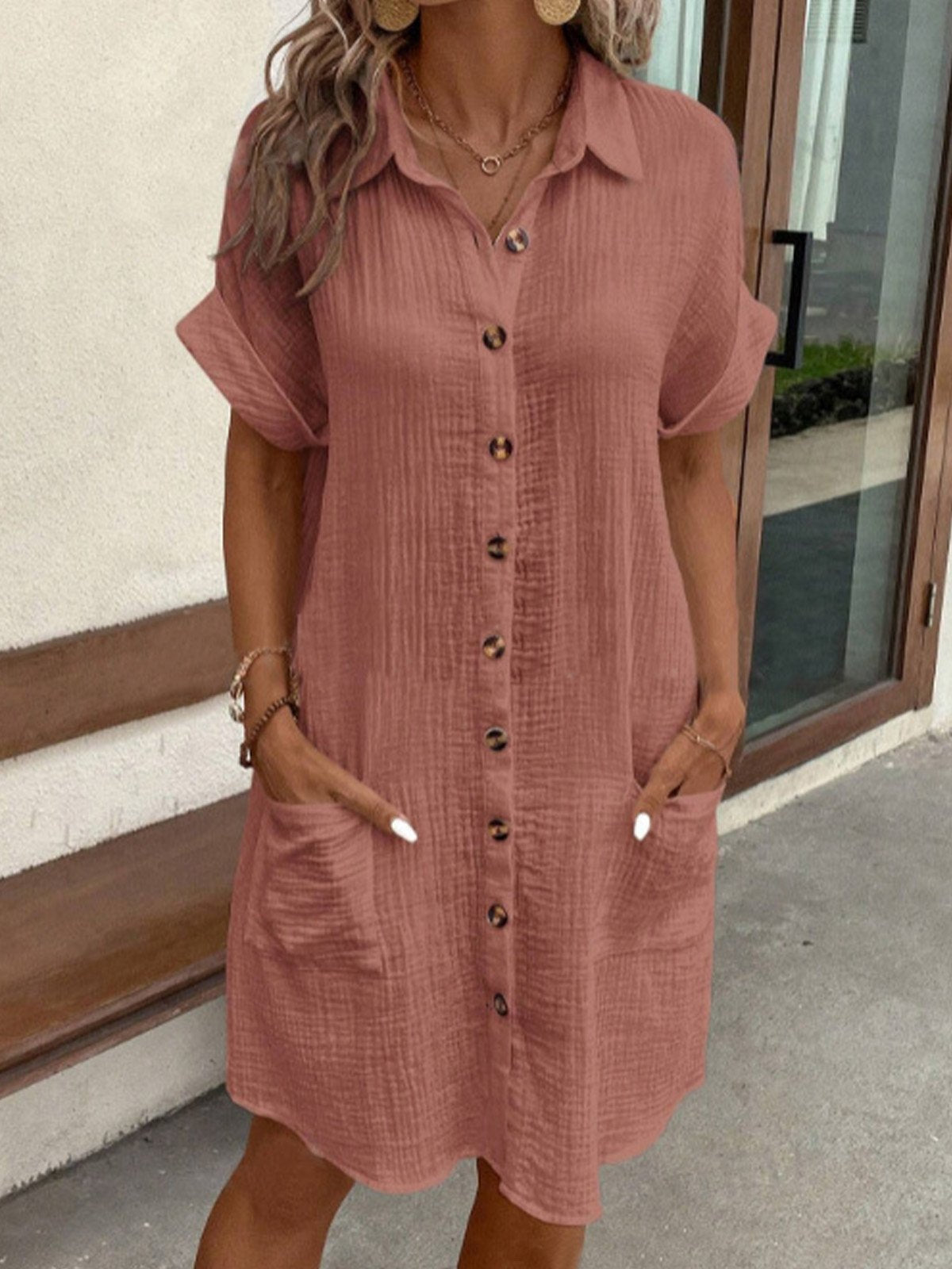 Women's Casual Shirt Dress with Button Closure