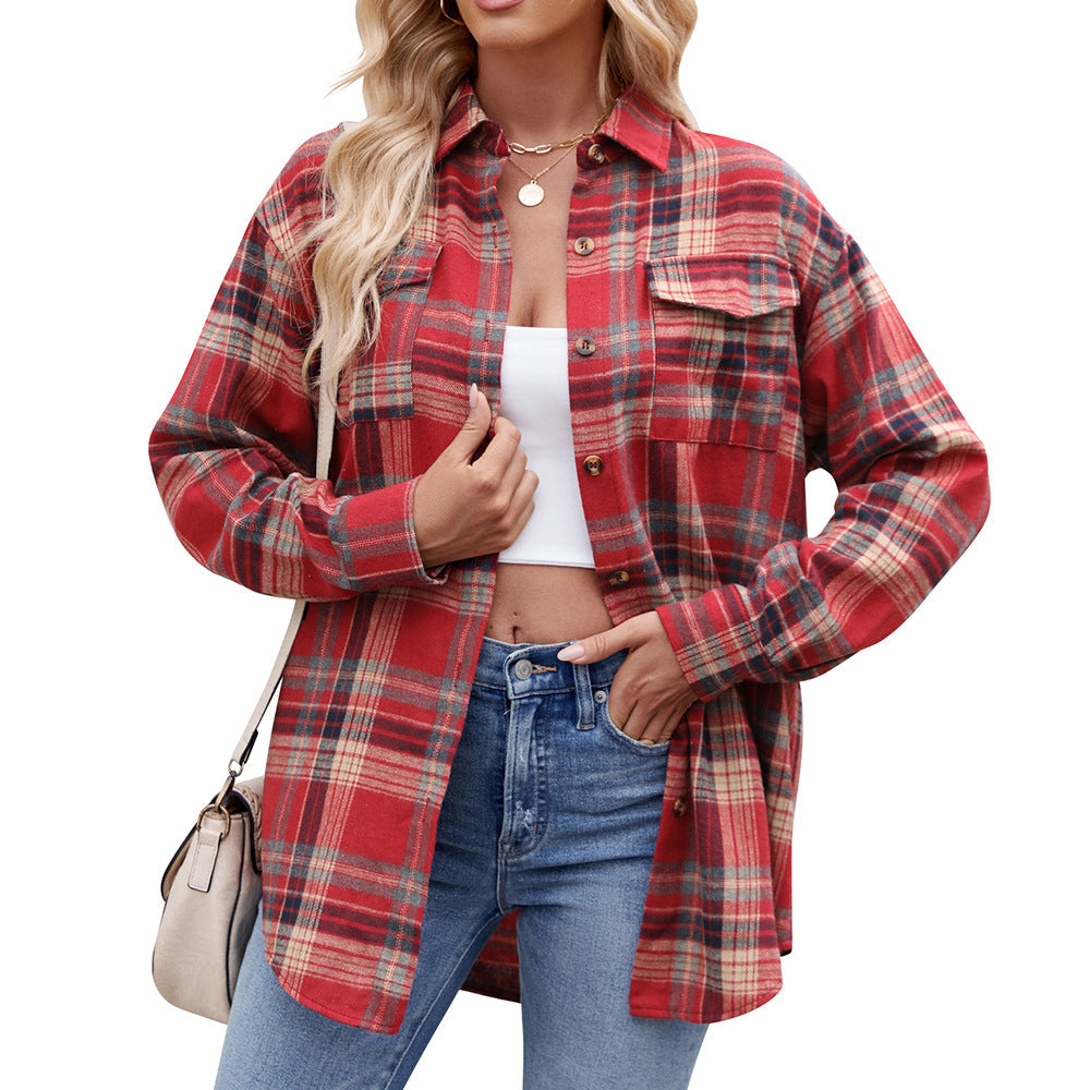 Women's Checked Shirt with Pockets for Autumn Style